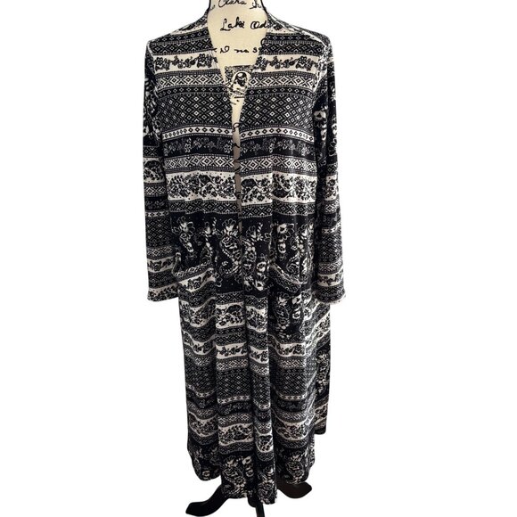 LuLaRoe Sarah Open Front Long Duster Sz Large Black & White Floral Front Pockets - Picture 1 of 11